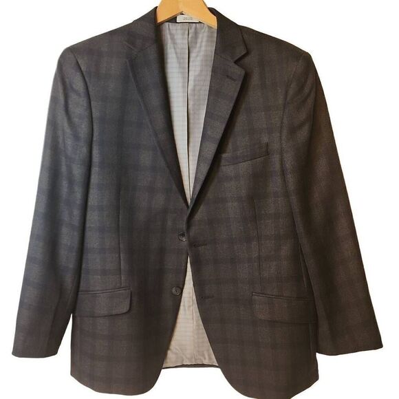 JF J. Ferrar Slim Fit Suit Jacket Sport Coat Gingham Pattern Dark‎ Gray/Blue Men - Picture 2 of 15
